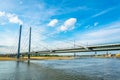 Sunset aerial view of Dusseldorf with Rheinkniebrucke bridge in Germany Royalty Free Stock Photo