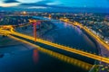 Sunset aerial view of Dusseldorf with Rheinkniebrucke bridge in Germany Royalty Free Stock Photo