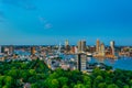 Sunset aerial view of Erasmus bridge and skyline of Rotterdam, Netherlands