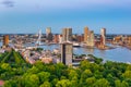 Sunset aerial view of Erasmus bridge and skyline of Rotterdam, Netherlands