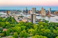 Sunset aerial view of Erasmus bridge and skyline of Rotterdam, Netherlands