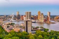 Sunset aerial view of Erasmus bridge and skyline of Rotterdam, Netherlands