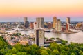 Sunset aerial view of Erasmus bridge and skyline of Rotterdam, Netherlands