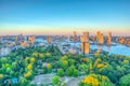 Sunset aerial view of Erasmus bridge and skyline of Rotterdam, Netherlands