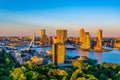 Sunset aerial view of Erasmus bridge and skyline of Rotterdam, Netherlands