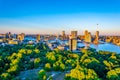 Sunset aerial view of Erasmus bridge and skyline of Rotterdam, Netherlands