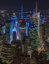 Sunset aerial view of iconic Times Square skyscrapers, major commercial and tourist destination in New York, USA