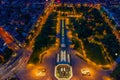 Sunset aerial view of a park leading to the National Palace of Culture in Sofia, Bulgaria