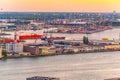 Sunset aerial view of Port of Rotterdam, Netherlands