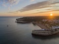 Sunset aerial view on Praia da Senhora da Rocha in the south coast of Algarve destination region, Portugal Royalty Free Stock Photo