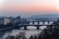 Sunset view of River Vltava, Charles Bridge and Prague Castle in Czech Republic Royalty Free Stock Photo