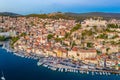 Sunset aerial view of Saint John and Saint Michael fortresses in Sibenik, Croatia Royalty Free Stock Photo