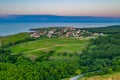Sunset aerial view of Sinemorets village in Bulgaria Royalty Free Stock Photo