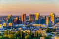 Sunset aerial view of skyline of Rotterdam, Netherlands