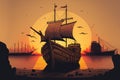 Sunset and an aged wooden ship in Bahrain
