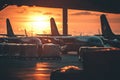 Sunset at the airport with planes and cargo ready for evening flights Royalty Free Stock Photo