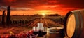 sunset alcohol wine barrel bottle drink grape beverage winery glass. Generative AI. Royalty Free Stock Photo