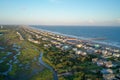 Sunset along the coast line at Oak Island NC aerial View