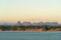 Twilight at Mekong River. The scenery in the morning of Laos along Mekong river with mountains, small villages and forest, Royalty Free Stock Photo