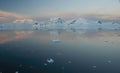 Sunset and alpenglow, mountains and mirror - calm ocean