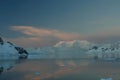 Sunset and alpenglow, mountains and mirror - calm ocean