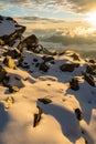 Sunset in alpin mountains near Aiguille de Bionnassay peak, Mont Blanc massif, France Royalty Free Stock Photo