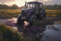 Ai Generative Tractor in a flooded meadow with purple flowers at sunset