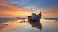 Sunset at anchor fishing boat at low tide, Generative AI Royalty Free Stock Photo