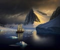 Sunset in Antarctica with a Sailboat Navigating through the Icy Waters and Snow Capped Mountains Royalty Free Stock Photo