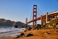 Sunset approaches Golden Gate Bridge from sandy beaches