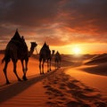 Sunset in the Arabian desert, 3D camels traverse sandy dunes