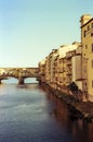 Sunset on the Arno river and bridges in Florence, shot with analogue film technique Royalty Free Stock Photo