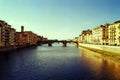 Sunset on the Arno river and bridges in Florence, shot with analogue film technique Royalty Free Stock Photo