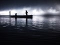 Asia. Sunset, twilight moonlight, clouds - Boat with asian people - Ocean, river landscape - Hanzhong, Shaanxi, China