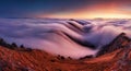 Sunset in the autumn mountains above the clouds during the weather inversion Fatra mountains in Slovakia, beautiful landscape Royalty Free Stock Photo