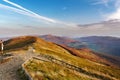 Sunset in the autumn in the mountains. Panorama Bieszczady National Park