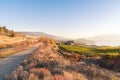 Sunset autumn view of Kettle Valley Rail Trail, vineyards, Okanagan Lake and mountains