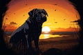 Sunset backdrop frames pug dogs silhouette in captivating digital artwork