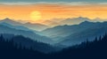 Sublime Wilderness: A Hazy Mountains Landscape At Sunset