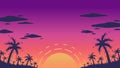 Sunset background with purple and orange sky, big sun in the middle and island with palm, coconut tree in silhouette style vector