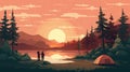 Romanticized Wilderness: Camp At Sunset Illustration With Two People And Tent