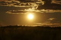 Sunset backlit on a grain wheat or barley field. Amazing sunset, dramatic scenic landscape.