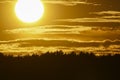 Sunset backlit on a grain wheat or barley field. Amazing sunset, dramatic scenic landscape.