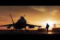 sunset backlit view of military fighter jet pilot beside parked military airforce plane next to barracks or hangar as wide banner