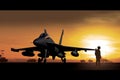 sunset backlit view of military fighter jet pilot beside parked military airforce plane next to barracks or hangar as wide banner