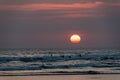 Sunset on a bali beach and people catching waves