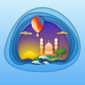 Sunset with balloon, dolphins, mosque and palm trees on island. Tourist card illustration in paper cut style