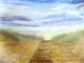 Sunset at the Baltic sea beach dunes. Watercolor hand painted landscape illustration