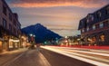 Sunset On Banff Avenue in the National Park With Light Trails Royalty Free Stock Photo