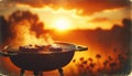 Sunset Barbecue Grill with Sizzling Steaks Outdoors, AI Generated